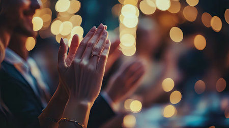 Hands of a couple clapping together in celebration at a romantic engagement partyの素材