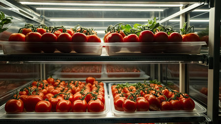 Close-up of plastic trays stacked high with perfectly sorted tomatoes under industrial LED lightingの素材