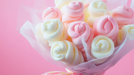 Close-up of a bouquet made from twisted marshmallows wrapped in cellophane with a cheerful ribbon.の素材