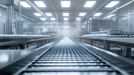 Conveyor belts transporting eggs through a modern industrial processing line, with clean stainless steel machinery.の素材