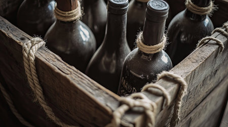 Close-up of vintage wine bottles neatly arranged inside an old wooden crate with rope handlesの素材