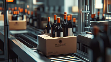 Industrial assembly line packing wine bottles into branded cardboard boxes in a factory settingの素材