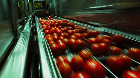 High-speed camera shot of trays filled with tomatoes moving swiftly on a conveyor in a food processing plantの素材