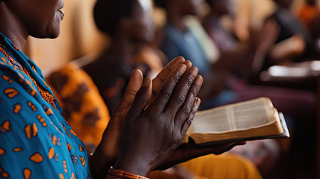 Close-up of hands clapping during a church service, with an open Bible visible on a pewの素材