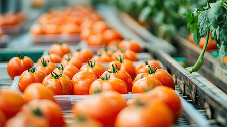 Industrial conveyor belts transporting plastic trays of tomatoes past automated sorting stationsの素材