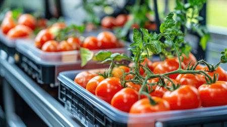 Rows of automated labeling machines printing on plastic trays filled with fresh red tomatoesの素材