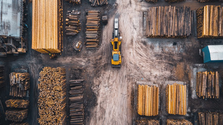 Aerial view of a timber yard with rows of logs arranged neatly and heavy machinery transporting woodの素材