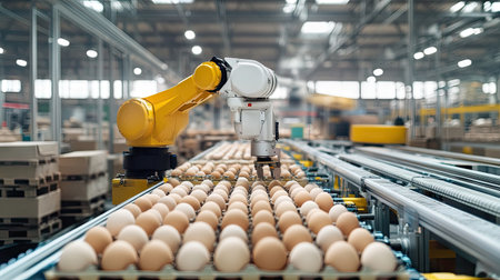 Robotic systems loading egg cartons onto pallets for shipping in a high-tech industrial warehouse.の素材