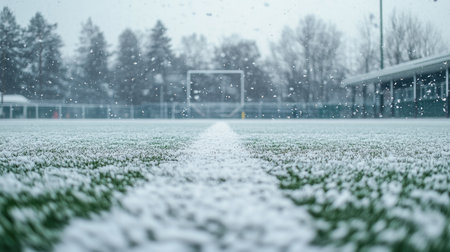 A football field covered in a light dusting of snow, with the goalposts and lines still visibleの素材