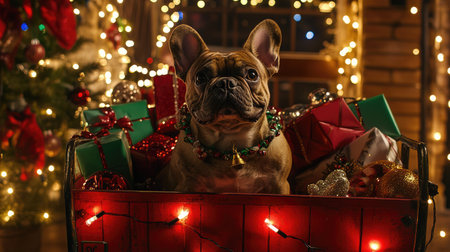 A French bulldog sitting in a decorated Christmas cart, surrounded by holiday lights and wrapped giftsの素材