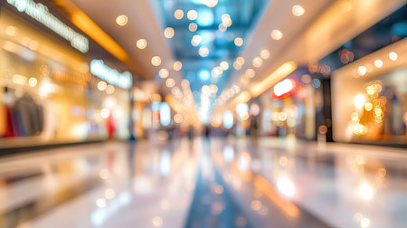 Abstract blur of holiday decorations in a luxury shopping mall, with glowing lights and shiny ornamentsの素材