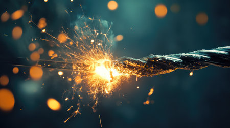 A dramatic shot of an electrical wire mid-short circuit, with sparks and glowing metalの素材