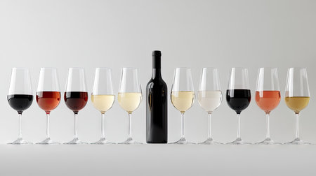 Rows of elegant wine glasses holding different wines, with a bottle of each type in the backgroundの素材