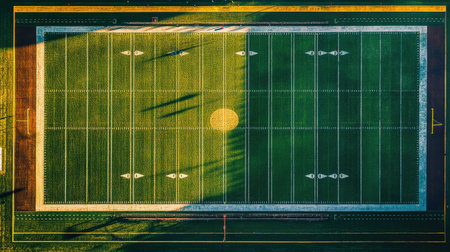 A football field with one half in bright sunlight and the other shaded by nearby stadium bleachersの素材