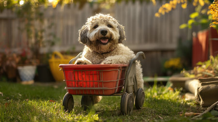 A large dog humorously squished into a small toy cart, looking adorable in a suburban backyardの素材