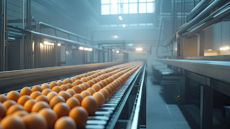 Rows of eggs traveling on a conveyor system toward a packaging station in a clean industrial facility.の素材