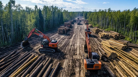 Heavy-duty equipment like skidders and loaders in action at a large logging site, surrounded by logsの素材