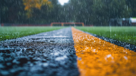 A football field during a light rain, with puddles beginning to form on the sidelineの素材