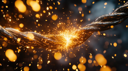 A dramatic shot of an electrical wire mid-short circuit, with sparks and glowing metalの素材