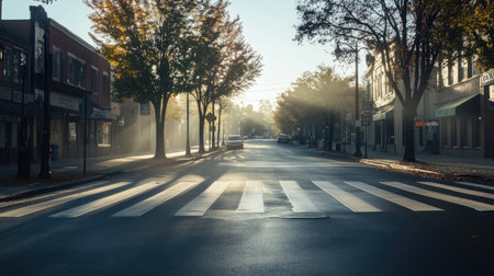 A zebra crossing under soft morning light on a deserted street in a small town.の素材