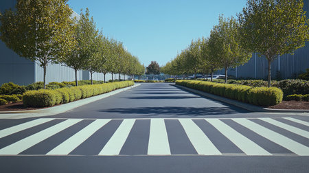 A zebra crossing in a quiet industrial park, bordered by neat rows of shrubs.の素材