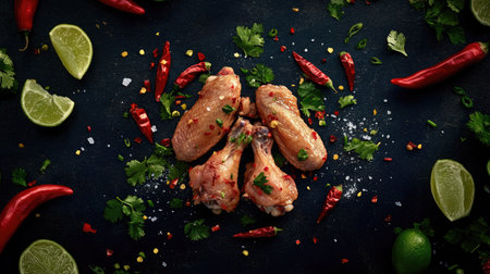 Raw chicken wings on a dark background, surrounded by colorful chili peppers, lime wedges, and coriander.の素材