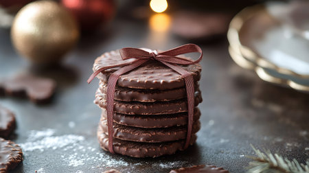 Stack of chocolate wafers tied with a ribbon, styled as a thoughtful gift on a festive table.の素材