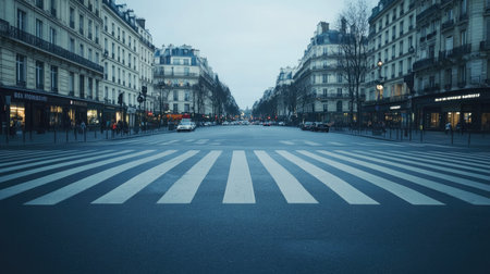 A zebra crossing in the middle of a bustling city square, but completely empty of people.の素材