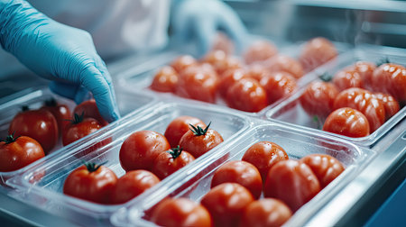 Modern food factory workers packing tomatoes into clear plastic trays, adhering to hygiene protocolsの素材