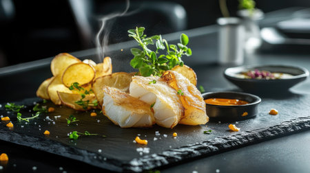 An artistic presentation of fried fish and potato chips on a slate plate, with dipping sauces and a garnish of fresh herbsの素材