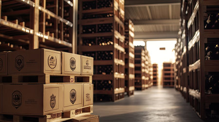 Cardboard wine boxes with winery logos stacked neatly on a wooden pallet in a modern vineyard warehouseの素材