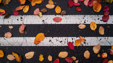 A zebra crossing on a road flanked by autumn foliage, with leaves scattered across the lines.の素材