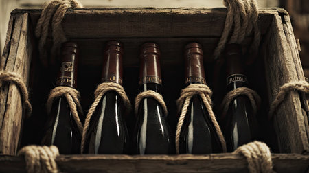 Close-up of vintage wine bottles neatly arranged inside an old wooden crate with rope handlesの素材