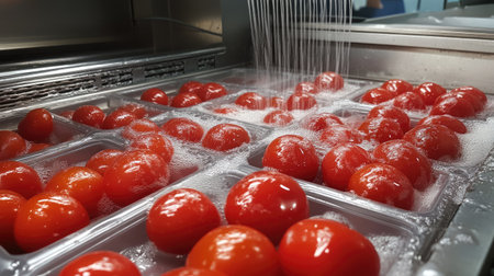 Shiny tomatoes being washed before being placed into plastic trays in a food hygiene zoneの素材