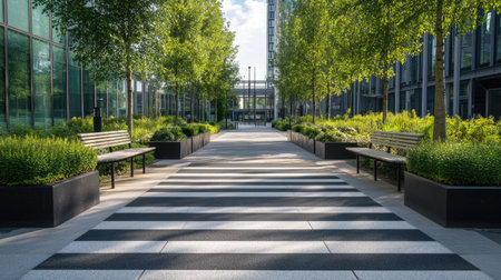 A zebra crossing in the middle of a modern city park, flanked by decorative shrubs and benches.の素材
