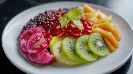 Assorted fresh fruits, including dragon fruit, pomegranate seeds, and sliced kiwi, displayed on a round white plateの素材