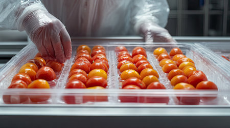 Transparent trays filled with ripe tomatoes being inspected by workers in safety uniformsの素材