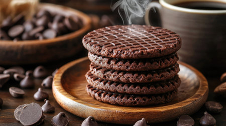 Stack of chocolate wafers on a wooden plate, surrounded by chocolate chips and a steaming cup of coffee.の素材