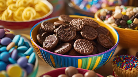 Chocolate wafers displayed in a colorful candy bowl alongside candies and cookies at a party.の素材