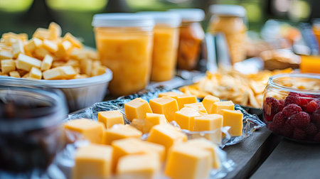 Cheese cubes in plastic packages arranged on a picnic table with other snack foods and beveragesの素材
