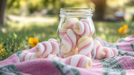 Twisted marshmallows arranged in a glass jar on a picnic blanket, surrounded by vibrant summer scenery.の素材