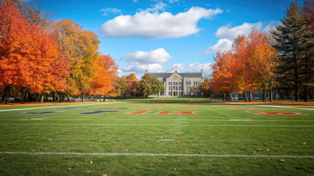 A football field on a college campus, framed by colorful autumn trees and a historic building in the backgroundの素材