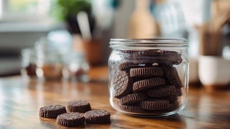 Chocolate wafers neatly arranged in a glass jar on a rustic kitchen counter with soft natural lighting.の素材