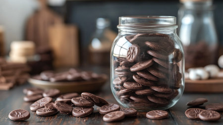 Chocolate wafers neatly arranged in a glass jar on a rustic kitchen counter with soft natural lighting.の素材
