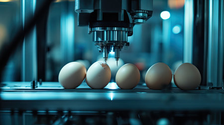Industrial machinery scanning and detecting cracked eggs during a high-speed production process.の素材
