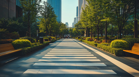 A zebra crossing in the middle of a modern city park, flanked by decorative shrubs and benches.の素材