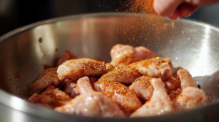 Close-up of raw chicken wings in a stainless steel bowl, with a hand sprinkling spices over them.の素材