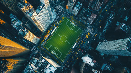 A drone shot of a football field in an urban setting, surrounded by high-rise buildings and busy streetsの素材