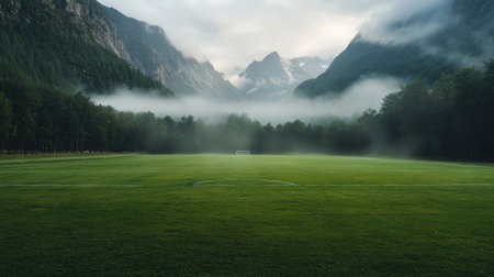 A football field framed by the rising mist of nearby mountains, creating a serene atmosphereの素材