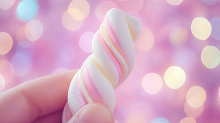 Close-up of fingers holding a twisted marshmallow, with a playful bokeh background.の素材